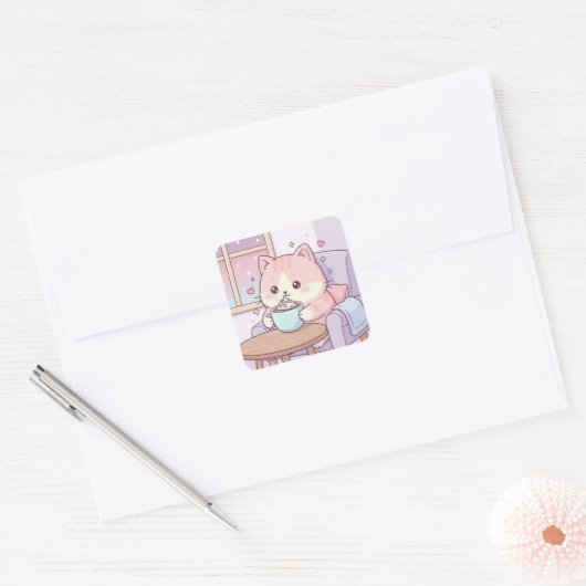 Cozy Cat Sticker – Cute Kawaii Pastel スクエアシール (封筒)