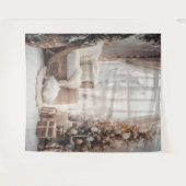 Cozy Chair, Snowy Window & Elegant Tree Backdrop タペストリー (正面(横))