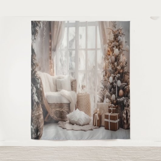 Cozy Chair, Snowy Window & Elegant Tree Backdrop タペストリー (正面)