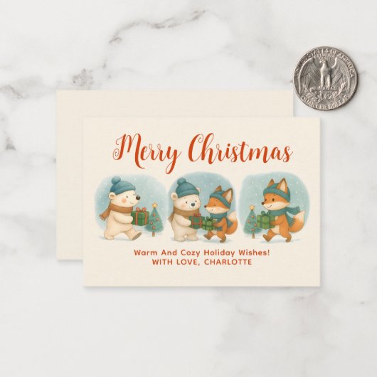 Cozy Christmas Animals Adorable Holiday Note Card ノートカード (正面/裏面インサイチュ)