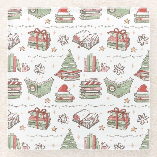 Cozy Christmas Book Lover ガラスコースター (正面)