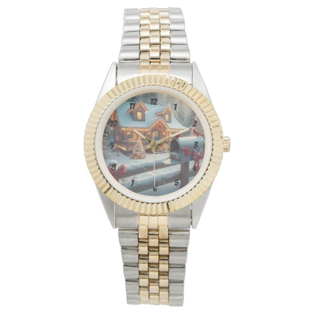 Cozy Christmas Cabin Winter Wonderland 腕時計 (正面)