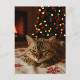 Cozy Christmas Cat Postcard Bengal Cat Fireplace ポストカード