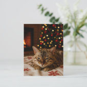 Cozy Christmas Cat Postcard Bengal Cat Fireplace ポストカード (スタンド正面)