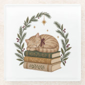 Cozy Christmas Cat Sleeping on Vintage Books ガラスコースター (正面)
