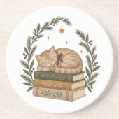 Cozy Christmas Cat Sleeping on Vintage Books コースター (正面)
