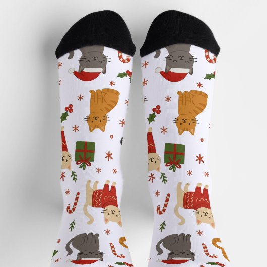Cozy Christmas Cats Pattern Socks ソックス (上部)
