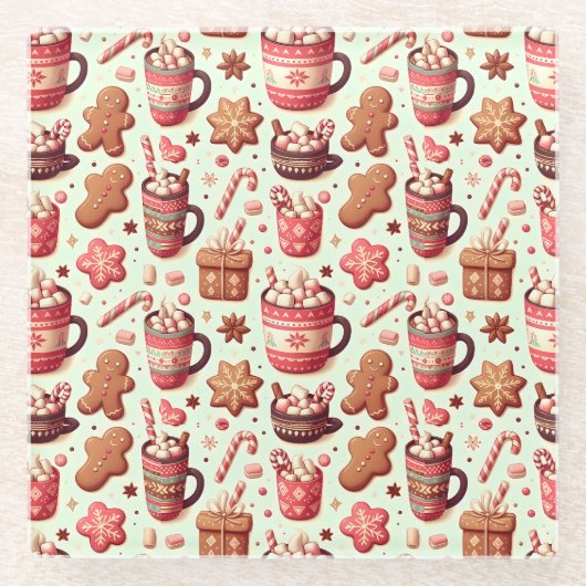 Cozy Christmas Cocoa and Gingerbread Pattern ガラスコースター (正面)