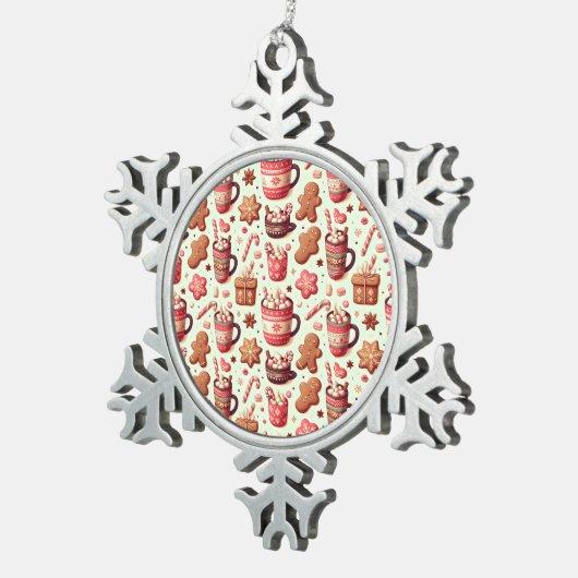 Cozy Christmas Cocoa and Gingerbread Pattern スノーフレークピューターオーナメント (右)
