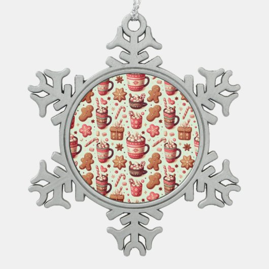 Cozy Christmas Cocoa and Gingerbread Pattern スノーフレークピューターオーナメント (正面)
