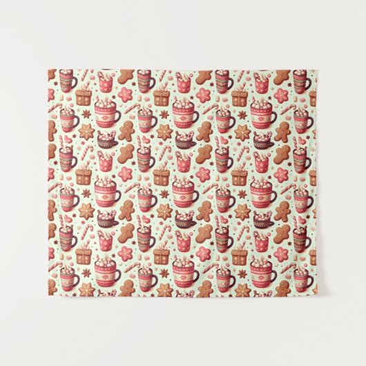 Cozy Christmas Cocoa and Gingerbread Pattern タペストリー (正面(横))