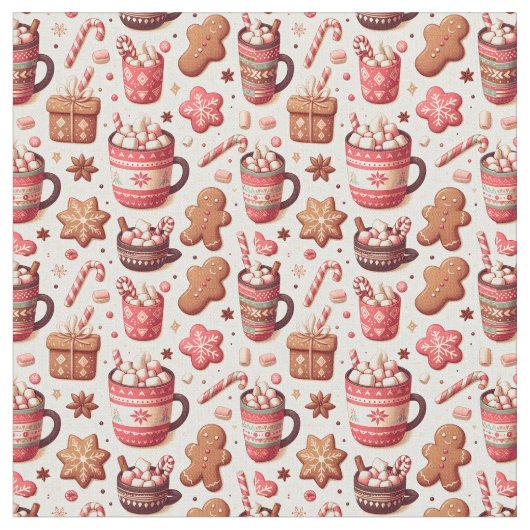 Cozy Christmas Cocoa and Gingerbread Pattern ファブリック (クローズアップ)