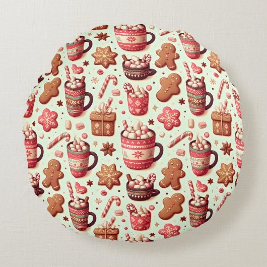 Cozy Christmas Cocoa and Gingerbread Pattern ラウンドクッション (正面)