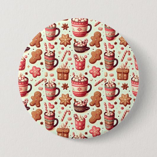 Cozy Christmas Cocoa and Gingerbread Pattern 缶バッジ (正面)