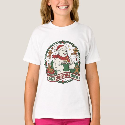 Cozy Christmas Crew – Cute Polar Bear & Gingerbrea Tシャツ (正面)