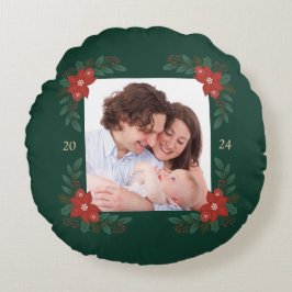 Cozy Christmas Floral Frame Round Pillow  ラウンドクッション