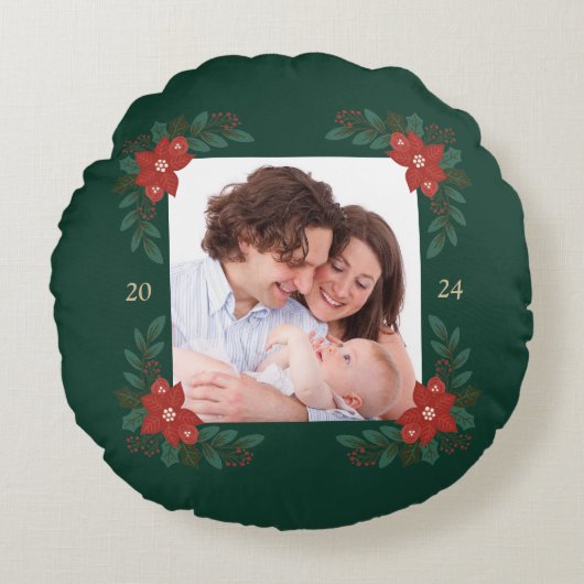 Cozy Christmas Floral Frame Round Pillow  ラウンドクッション (正面)