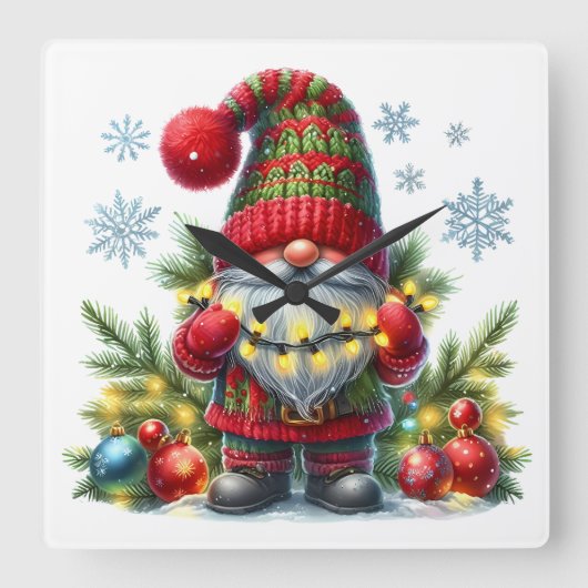 Cozy Christmas Gnome Art – Festive Holiday スクエア壁時計 (正面)