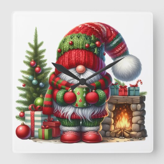 Cozy Christmas Gnome Art – Festive Holiday スクエア壁時計 (正面)