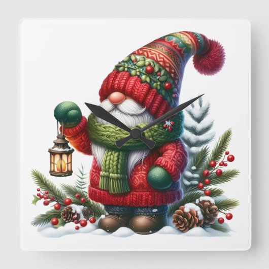 Cozy Christmas Gnome Art – Festive Holiday スクエア壁時計 (正面)