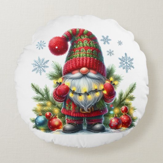 Cozy Christmas Gnome Art – Festive Holiday ラウンドクッション (正面)
