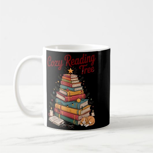 Cozy Christmas Reading Tree Cat Candle Stack Booki コーヒーマグカップ (左)