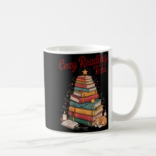 Cozy Christmas Reading Tree Cat Candle Stack Booki コーヒーマグカップ (右)