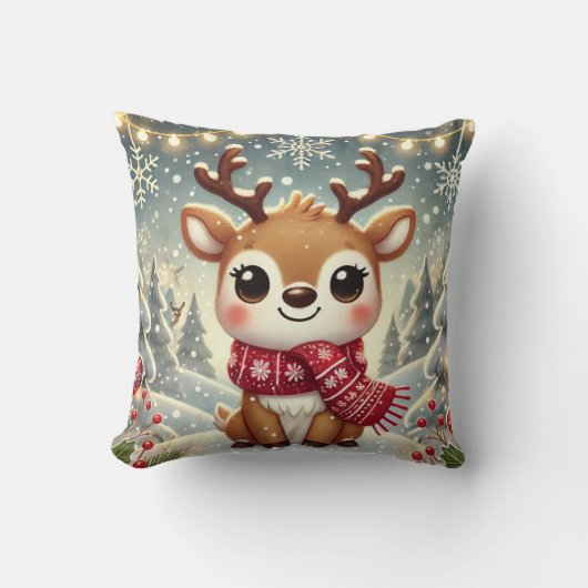 Cozy Christmas Reindeer in a Winter Wonderland クッション (正面)