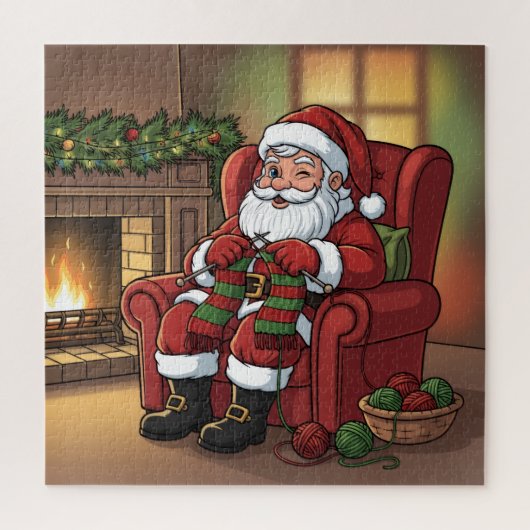 Cozy Christmas Santa Knitting by the Fireplace ジグソーパズル (縦)
