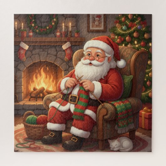 Cozy Christmas Santa Knitting by the Fireplace ジグソーパズル (縦)