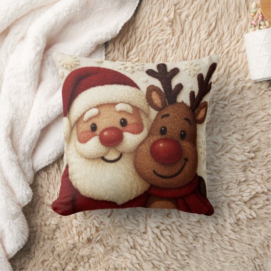 Cozy Christmas Santa & Reindeer Throw Pillow クッション (ブランケット)