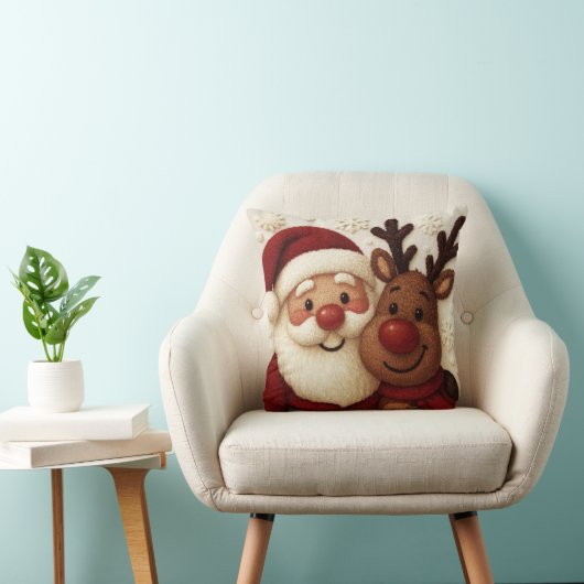 Cozy Christmas Santa & Reindeer Throw Pillow クッション (椅子)
