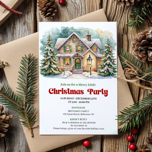Cozy Christmas Scene Watercolor Holiday Invite 招待状