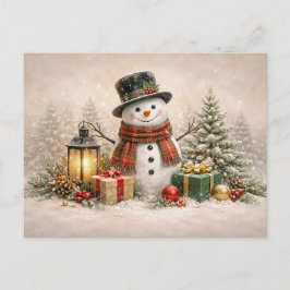 Cozy Christmas Snowman with Lantern and Gifts シーズンポストカード
