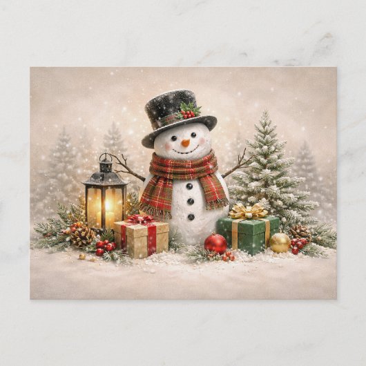 Cozy Christmas Snowman with Lantern and Gifts シーズンポストカード (正面)