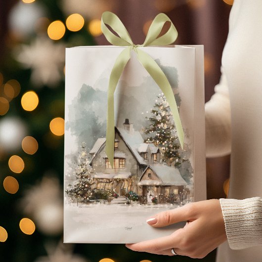 Cozy Christmas Snowy House Gift Bag ミディアムペーパーバッグ