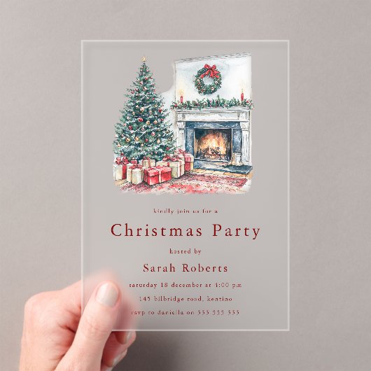 Cozy Christmas Tree & Fireplace Christmas Party  アクリル招待状 (インサイチュ (ポータブル))