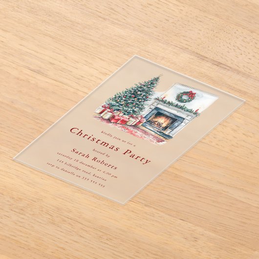 Cozy Christmas Tree & Fireplace Christmas Party  アクリル招待状 (レイダウン)