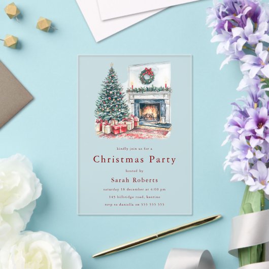 Cozy Christmas Tree & Fireplace Christmas Party アクリル招待状 (インサイチュ (ウェディング))