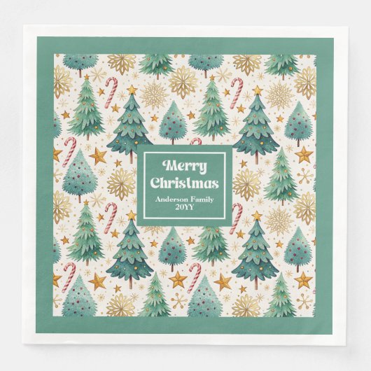 Cozy Christmas Trees Rustic Red Green Gold Napkins (正面)