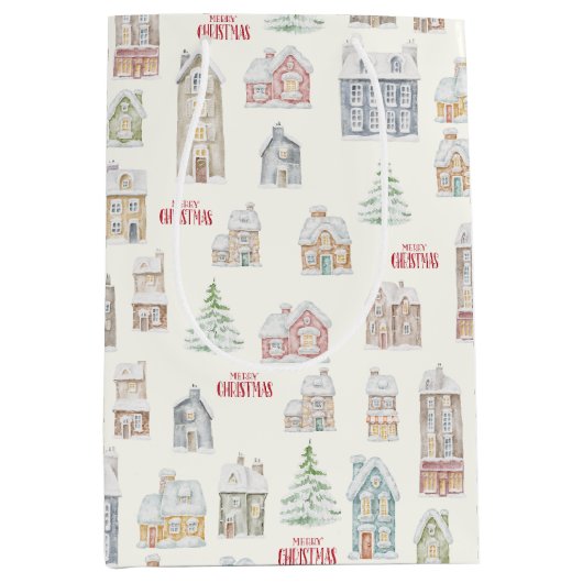 Cozy Christmas Winter Homes Wrapping Paper ミディアムペーパーバッグ (正面)