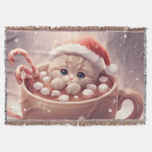 “Cozy Cocoa Kitty" Cute Christmas Cat  スローブランケット (正面)
