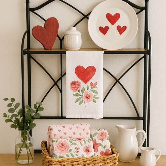 Cozy Cottage Heart and Roses キッチンタオル