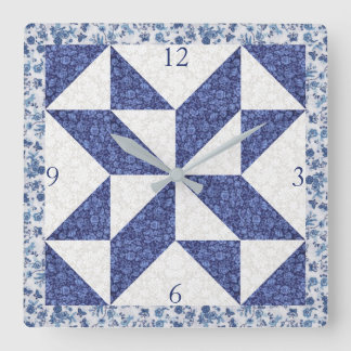 Cozy Country Blue White Calico Faux Quilt Square  スクエア壁時計