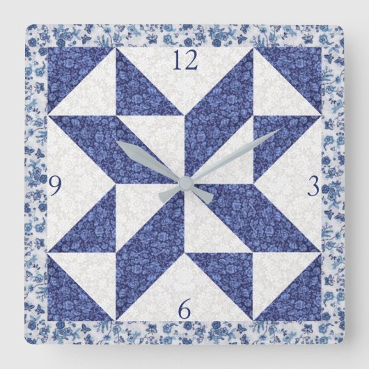 Cozy Country Blue White Calico Faux Quilt Square  スクエア壁時計 (正面)