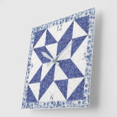 Cozy Country Blue White Calico Faux Quilt Square  スクエア壁時計 (傾斜)