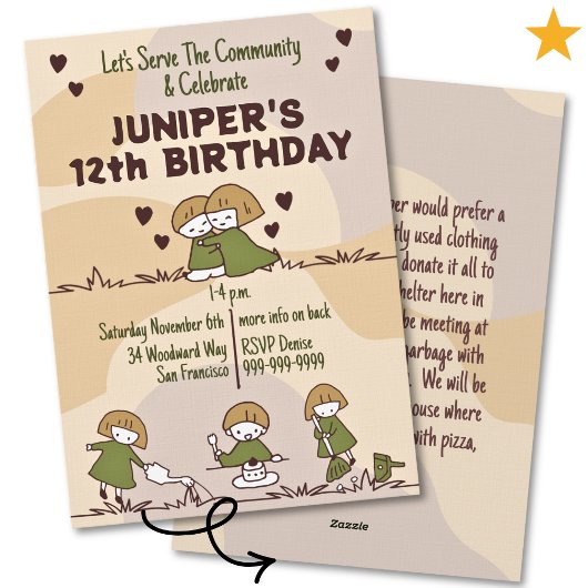 Cozy Cute Community Service Tween Birthday 招待状