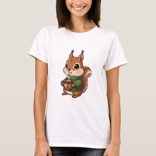 Cozy Cute Squirrel Wearing Green Knitted Sweater Tシャツ (正面)