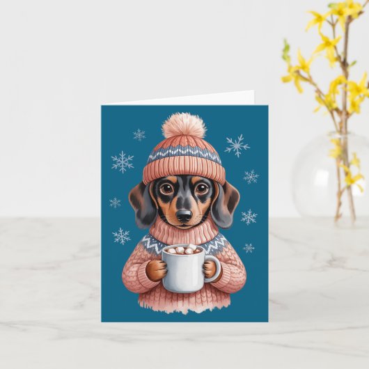 Cozy Dachshund Dog With Hot Cocoa Holiday Winter S カード (黄色い花)