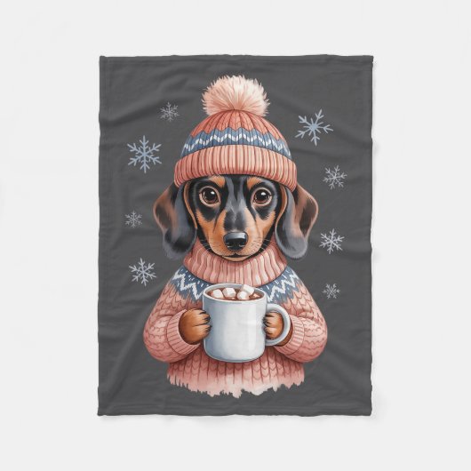 Cozy Dachshund Dog With Hot Cocoa Holiday Winter S フリースブランケット (正面)